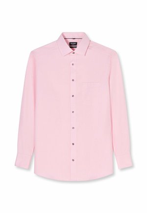 Hellrosa langärmeliges Hemd mit Knöpfen, Kragen und Brusttasche, dargestellt vor weißem Hintergrund.