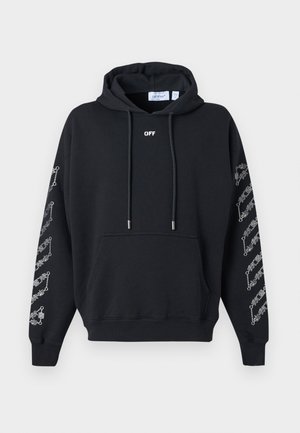 Μαύρο φούτερ με κουκούλα και μπροστινή τσέπη, με το κείμενο "OFF" στο στήθος και σχεδιασμούς άσπρης αλυσίδας κατά μήκος των δύο μανικιών.