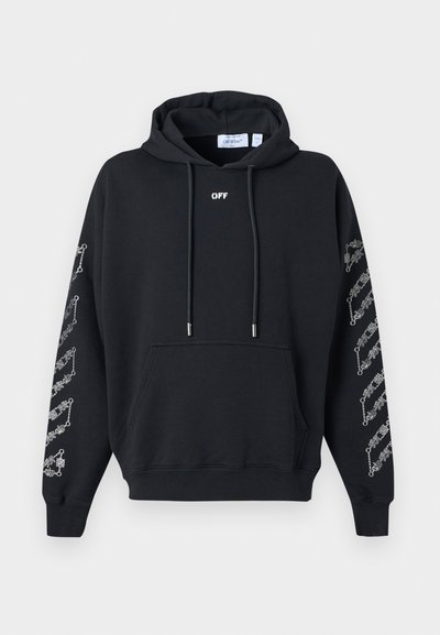 Melna kapuce ar priekšējo kabatu, uz krūtīm uzraksts "OFF" un baltas ķēdes raksti uz abām piedurknēm.