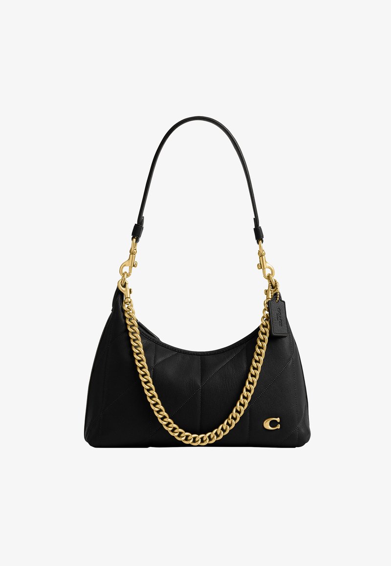 Sac à main en cuir noir avec motif matelassé, détail chaîne dorée, bandoulière en cuir noir et logo avec fermoir doré à l'avant.