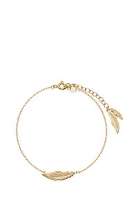 Złota bransoletka z delikatnym łańcuszkiem i ozdobami w kształcie liści oraz regulowanym zapięciem, które zapewnia elastyczność w dopasowaniu.