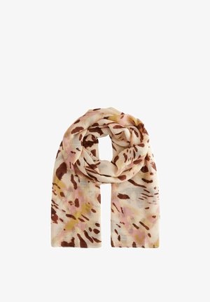 Lichtgewicht sjaal met een crèmekleurige basis en een bloemenpatroon in tinten roze, bruin en geel, met een zachte textuur en val.