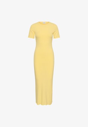 Kollane soonikkoes midi kleit lühikeste varrukate ja laperdavate servadega varrukatel ja äärel, istuva lõikega.