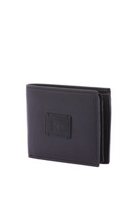 Black leather wallet with a textured finish, folded design, and embossed logo patch. Features multiple card slots and compartments.