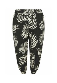 Pantalon noir avec un motif de feuilles blanches, doté d'une taille élastique, de jambes fuselées et de chevilles froncées, fabriqué en tissu léger.