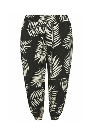 Pantalon noir avec un motif de feuilles blanches, doté d'une taille élastique, de jambes fuselées et de chevilles froncées, fabriqué en tissu léger.
