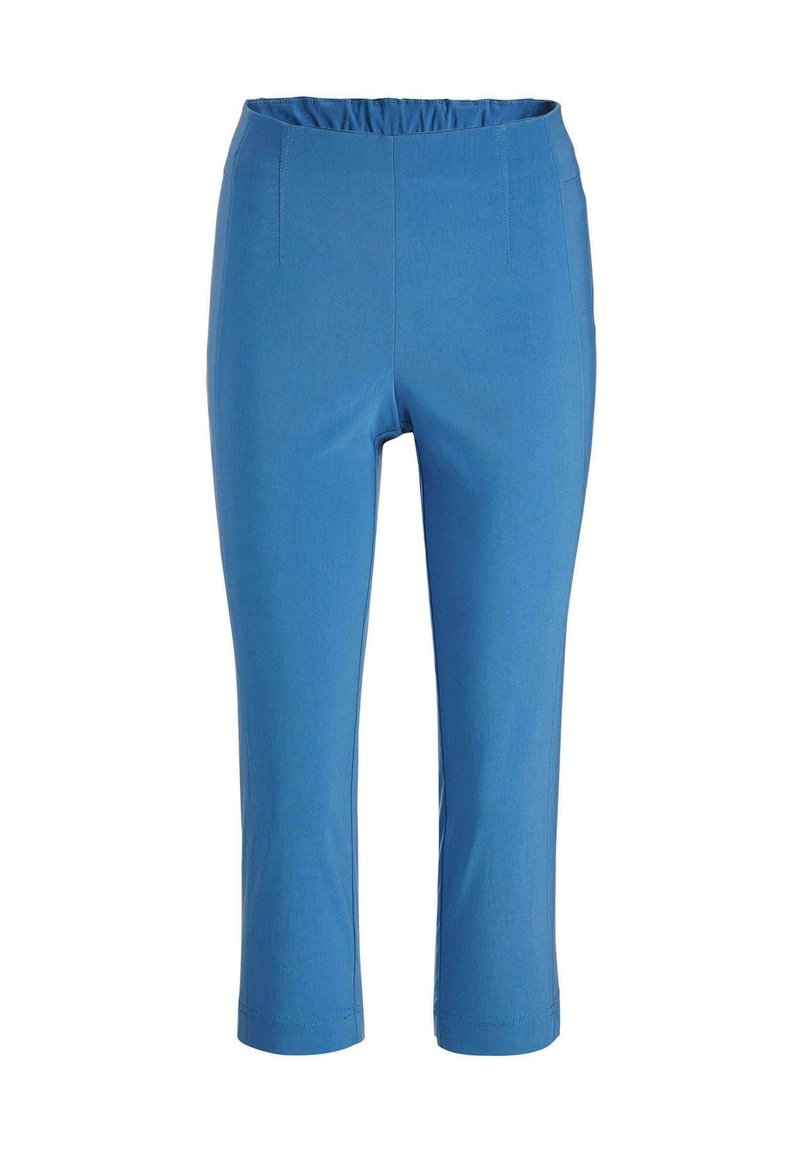 Blauwe cropped broek met een elastische tailleband, voorzien van een gladde textuur en twee voorkruiszakken, ontworpen voor een comfortabele pasvorm en gebruiksgemak.