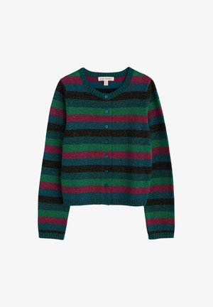 Cárdigan multicolor con rayas horizontales en verde, rosa, negro y azul, con cierre de botones y puños y dobladillo acanalados.