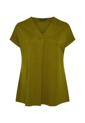 Olivengrünes Kurzarmoberteil mit V-Ausschnitt und Faltendetail auf der Vorderseite. Weicher Stoff mit lockerer Passform und abgerundetem Saum.