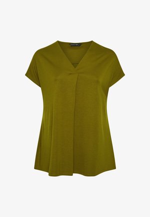 Haut olive à manches courtes avec un col en V et des détails plissés à l'avant. Tissu doux avec une coupe décontractée et un ourlet incurvé.