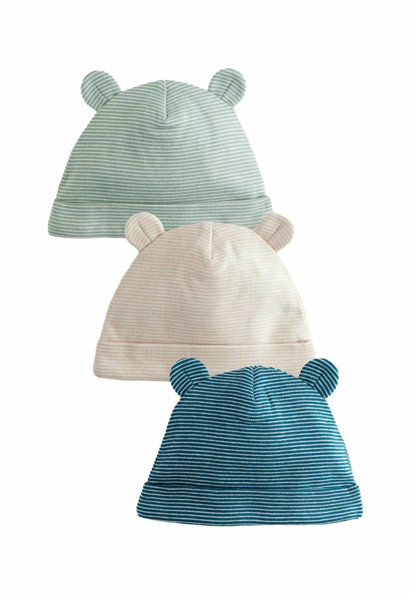 Trois chapeaux en coton doux : vert clair, crème et canard avec des rayures horizontales. Chacun présente des accents en forme d'oreilles arrondies au sommet.