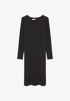 Sort, langærmet kjole lavet af blødt materiale. Har en rund halsudskæring og en afslappet, lige silhuet uden mønstre eller udsmykninger.