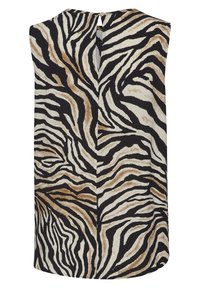 Mouwloos topje met een tijgerprint in zwart, crèmekleur en bruin, voorzien van een klein sleutelgatdetail en knoopsluiting aan de achterkant.