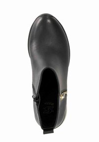 Zwarte enkelboot met een gladde leren afwerking. Heeft een zijrits en een gestructureerd paneel. Ronde neuzen en een lage hak voor stabiliteit.