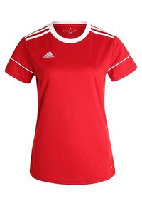 Röd idrottströja med rund vit krage, korta ärmar, vita detaljer längs axlarna och Adidas-logotyp på övre vänster sida.