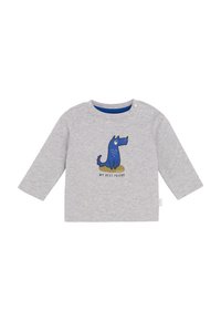 Grijze lange mouwen T-shirt van katoen met een blauwe hondenafbeelding en de tekst "MIJN BESTE VRIEND" eronder. Ronde halslijn met drukknoopsluiting.
