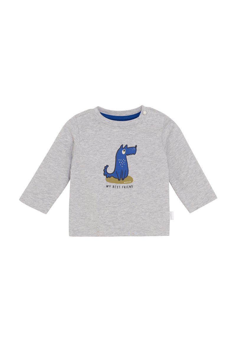 Grijze lange mouwen T-shirt van katoen met een blauwe hondenafbeelding en de tekst "MIJN BESTE VRIEND" eronder. Ronde halslijn met drukknoopsluiting.