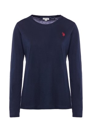Maglietta a manica lunga di colore blu navy realizzata in morbido cotone, con scollatura rotonda e un piccolo logo ricamato rosso sul lato sinistro del petto.