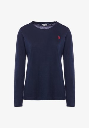 Maglietta a manica lunga di colore blu navy realizzata in morbido cotone, con scollatura rotonda e un piccolo logo ricamato rosso sul lato sinistro del petto.