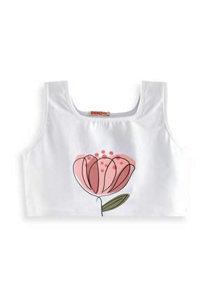 Hvid, kort tanktop med et lyserødt blomstermotiv og grønne blade. Stoffet ser glat ud, med firkantet halsudskæring og brede stropper.