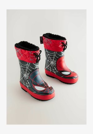 Røde og sorte gummistøvler med et Spider-Man design, quiltet top, spindelvævs mønstre og en tekstureret sål for godt greb.