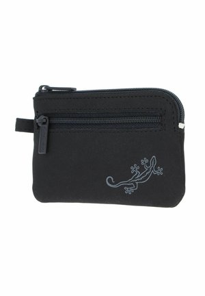 Small black zippered pouch with an external zip pocket and a white lizard graphic on the lower right corner.