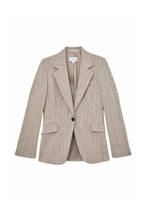 Beiger strukturierter Blazer mit einem Revers mit Kerbe, Ein-Knopf-Verschluss und zwei vorderen Taschen. Verfügt über ein glattes Innenfutter.