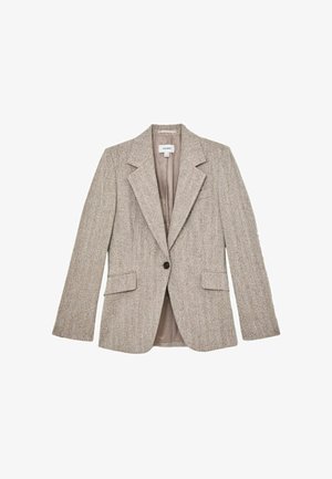 Bež srajčni blazer z nazobčanim ovratnikom, zapiranjem na en gumb in dvema sprednjima žepoma. Ima gladko notranjo podlogo.