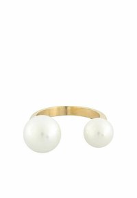 Guldtonad ring med två stora, släta vita pärlor i varje ände. Banden är enkel och öppen, vilket framhäver de framträdande pärlorna.