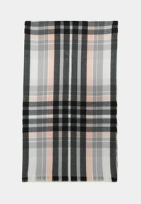 Szalik w kratę w odcieniach szarości, czerni i delikatnego różu, wykonany z lekkiego materiału z frędzlami, z wzorem w kratę.