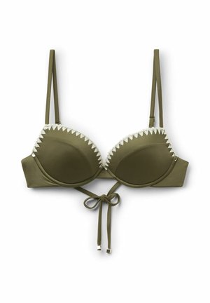 Olivgrüner, gepolsterter BH mit weißem Zickzackbesatz, verstellbaren Schultergurten und vorne mit Metallicspitzen zum Binden.