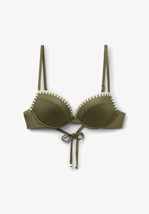 Olivgrüner, gepolsterter BH mit weißem Zickzackbesatz, verstellbaren Schultergurten und vorne mit Metallicspitzen zum Binden.