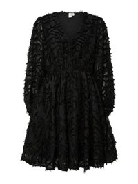 Black dress with a V-neck and long sleeves, featuring a textured fabric with frayed detailing and an elastic waistband for a gathered effect.