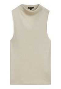 Beżowy, bezrękawnik z wysokim dekoltem. Wykonany z prążkowanego materiału, gładka tekstura, dopasowany krój. Brak widocznych wzorów lub detali metalowych.