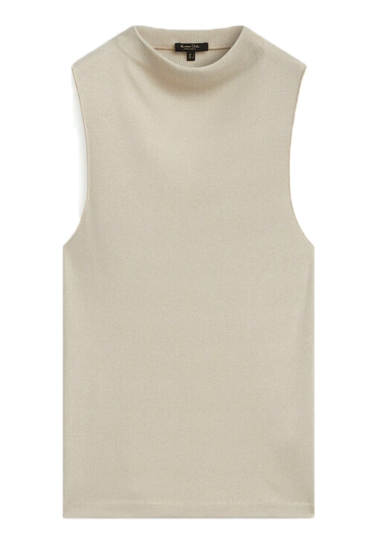 Beżowy, bezrękawnik z wysokim dekoltem. Wykonany z prążkowanego materiału, gładka tekstura, dopasowany krój. Brak widocznych wzorów lub detali metalowych.