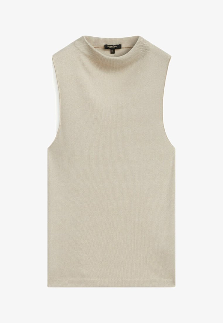 Beżowy, bezrękawnik z wysokim dekoltem. Wykonany z prążkowanego materiału, gładka tekstura, dopasowany krój. Brak widocznych wzorów lub detali metalowych.