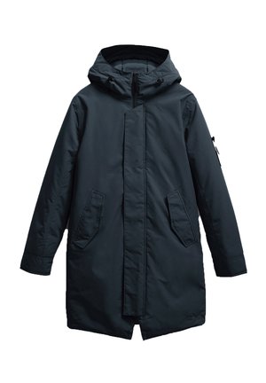 Donkerblauwe hoodie met een ritssluiting aan de voorkant, twee voorzakken, een rechte snit en verstelbare koordjes in de capuchon. Soepele stoftextuur.