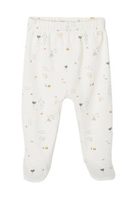 Cotton baby pants in white, featuring a playful multicolored pattern of small objects and shapes. Soft texture with footed design.