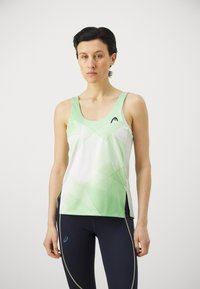 Ermeløs atletisk tanktop i lysegrønn og hvit med geometriske mønstre. Har rund hals og mesh-paneler på siden.