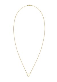 Collana dorata con una catena fine e un pendente triangolare, caratterizzato da un design geometrico elegante e una texture lucida.