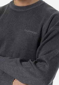 Szary dziany sweter z prążkowanym okrągłym dekoltem. Posiada fakturowany wzór i subtelne logo na piersi. Miękka tkanina, luźny krój.