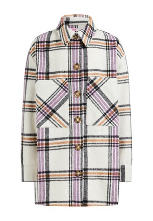 Langärmlige Hemdjacke mit weißer Basis, kariertem Muster in Lila, Orange und Schwarz, zwei Brustklappentaschen und spitzem Kragen.