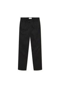 Pantalons noirs à cordon de serrage en tissu doux, avec des jambes fuselées et une taille élastique. Texture lisse avec un minimum de détails.