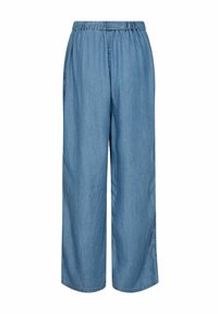 Světle modré kalhoty širokého střihu vyrobené z denimu. Mají elastický pas a boční kapsy s hladkým povrchem. Bez viditelných vzorů.