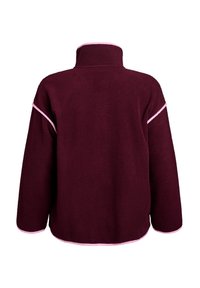 Burgundia fliisist üst, millel on kõrge krae, kontrastsete roosa äärtega randmete ja hemiga, pehme tekstuuripinnaga ja lõdva lõikega disain.