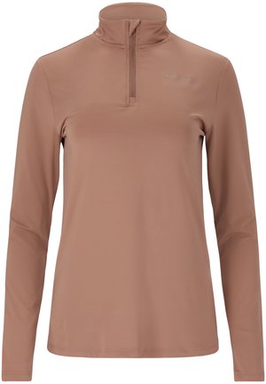 Langsleeve, zip-kraag top in een gedempte bruine kleur, gemaakt van soepele, rekbare stof met minimale branding op de borst.
