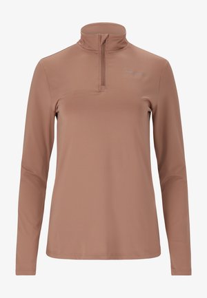 Langærmet top med lynlås i en dæmpet brun farve lavet af glat, strækbart stof med minimal branding på brystet.