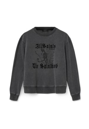Felpa grigio antracite con grafiche di un scheletro e fiori, con testo gotico nero che recita "AllSaints The Sainthood" sul fronte.