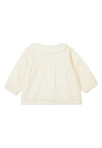 Cremfarbener Langarm-Top mit rundem Kragen, strukturiertem Stoff mit floralem Muster und elastischen Bündchen an den Ärmeln.
