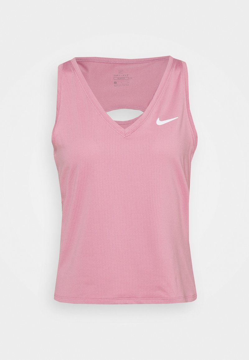 Różowy tank top Dri-FIT z dekoltem w serek i małym wycięciem. Tkanina o fakturze z delikatnym prążkowanym wzorem i białym logo Nike.